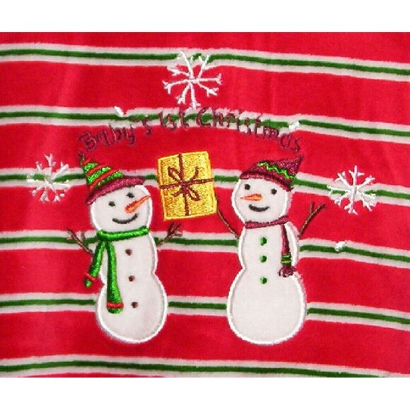 BABYS First CHRISTMAS 0M 3M 0 3 M Romper Sleeper Red Green Stripes Snowman NEW - Picture 2 of 3